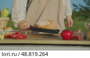 Woman, clad in rustic dress and apron, carries tray of freshly baked bread to table during summer harvest of vegetables. Стоковое видео, видеограф Strunov David / Фотобанк Лори