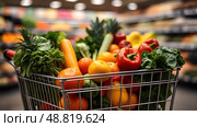 Close-up of supermarket trolley full of fresh vegetables and fruits against blurred background of store interior. Стоковое AI-изображение, AI-художник Iva Noel / Фотобанк Лори