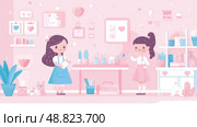 Sweethearts Crafting: A Pastel Room Illustration Featuring Two Girls Engaged in Artistic Activities. Стоковое AI-изображение, AI-художник Данила Большаков / Фотобанк Лори