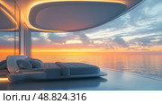 Modern bedroom with stunning ocean view during sunrise offers serenity and tranquility. Стоковое AI-изображение, AI-художник Михаил Коханчиков / Фотобанк Лори