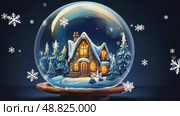 Magical glass ball with tiny modern cozy winter house inside on dark background. Snow globe, illustration. Insurance, moving, mortgage, rent and purchase real estate. AI generated. Стоковое AI-видео, аниматор Ольга Симонова / Фотобанк Лори