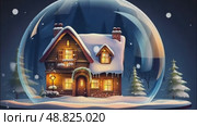 Magical glass ball with tiny modern cozy winter house inside on dark background. Snow globe, illustration. Insurance, moving, mortgage, rent and purchase real estate. AI generated. Стоковое AI-видео, аниматор Ольга Симонова / Фотобанк Лори