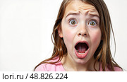 Ребенок с открытым ртом, удивленное выражение лица. / Girl with wide open mouth and big eyes on white background. Стоковое AI-изображение, AI-художник Валерий Лукин / Фотобанк Лори