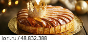 Galette des rois or king cake. Traditional cake baked at Epiphany, celebration of the Twelfth Night after Christmas. Almond flaky pastry cake. Freshly baked homemade three king bread with a crown. Стоковое AI-изображение, AI-художник Марина Демидюк / Фотобанк Лори
