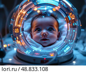 Младенец с милым, наивным выражением лица, окружённый медицинскими проводами и биолюминесцентными данными. Ночью в больнице, освещённый мягким светом систем жизнеобеспечения. Стоковое AI-изображение, AI-художник Сергей Никифоров-Гордеев / Фотобанк Лори