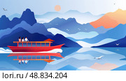 A red boat with passengers on board glides across a calm lake, surrounded by blue mountains and a clear sky. The image depicts a tranquil scene of a peaceful journey through scenic landscapes. Стоковое AI-изображение, AI-художник Данила Большаков / Фотобанк Лори