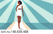 A woman in a white dress walks confidently down a runway, bathed in bright light. Her hair is styled with a simple bun and she accessorizes with earrings. Стоковое AI-изображение, AI-художник Данила Большаков / Фотобанк Лори