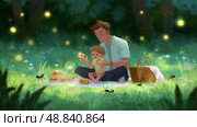 Enjoying a summer picnic in a lush green forest with fireflies and playful ants. Стоковое AI-изображение, AI-художник Сергей Толмачёв / Фотобанк Лори