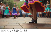 A close-up of a dancer's feet in traditional Mexican huaraches, mid-step during a folkloric dance performance. The vibrant skirt waving on air. Стоковое AI-видео, аниматор Sergey Grishin / Фотобанк Лори