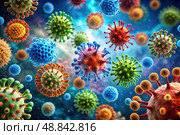 Various Types of Corona Viruses in Close-Up. Generative AI. Стоковое AI-изображение, AI-художник Roman Zavorotny / Фотобанк Лори