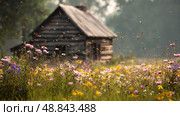 Bees Pollinate Vibrant Flowers Near a Rustic Wooden Cabin in a Sunny Meadow. Стоковое AI-изображение, AI-художник Юлия Гапеенко / Фотобанк Лори