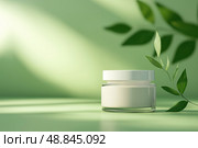 Moisturizing cream in a jar with soft texture on green background. Увлажняющий крем в баночке с мягкой текстурой на зеленом фоне. Стоковое AI-изображение, AI-художник Katsiaryna Repich / Фотобанк Лори