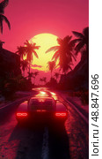 Retro dream: A sportscar cruising on a tropical road at sunset, exuding a sense of freedom and adventure on a neon-lit highway, digital art. Стоковое AI-изображение, AI-художник Данила Большаков / Фотобанк Лори