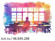 A watercolor painting of a classroom with a single student sitting at a desk in front of a window. The room is empty except for the student, and the image is rendered in bright, vibrant colors. Стоковое AI-изображение, AI-художник Данила Большаков / Фотобанк Лори