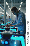A close-up of a worker assembling a drone on a high-tech production line, with neon blue accents and sleek machinery in the background. Стоковое AI-видео, аниматор Sergey Grishin / Фотобанк Лори