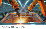 A close-up of robotic arms welding car frames in an automotive factory, sparks flying as orange light reflects off metallic surface. Стоковое AI-видео, аниматор Sergey Grishin / Фотобанк Лори