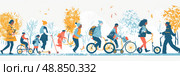 An illustration of a group of people enjoying a fall day in the park, riding bikes, scooters, and tricycles. Стоковое AI-изображение, AI-художник Данила Большаков / Фотобанк Лори