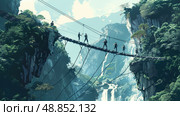 A group of adventurers traverse a narrow rope bridge high above a lush mountain valley, with waterfalls cascading down the steep cliffs. Стоковое AI-изображение, AI-художник Данила Большаков / Фотобанк Лори