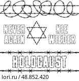 День памяти жертв Холокоста (27 января) — готовый плакат и набор элементов: две бесшовные полосы колючей проволоки, фразы «Never Again» и «Nie Wieder» и звезда Давида, для мемориальных и образовательных материалов. Стоковая иллюстрация, иллюстратор Владислав Войтов / Фотобанк Лори