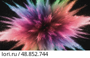 Colorful powder explosion creating vibrant cloud against black background. Стоковое AI-видео, аниматор KATERINA AI / Фотобанк Лори