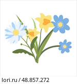 Naive Simple Design of Hepatica, Daisy and Narcissus Flowers. Spring Bouquet of Three Flowers in Flat Style. Naive Botanical Element Perfect for Banners, Posters, Flyers, Cards, Social Media, Web. Редакционная иллюстрация, иллюстратор Tosunyan Lusine / Фотобанк Лори