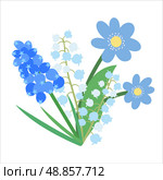 Naive Simple Design of Flowers Hepatica, Lily of the valley, Muscari. Spring Bouquet of Three Flowers in Flat Style. Naive Botanical Element Perfect for Banners, Posters, Flyers, Cards, Social Media. Редакционная иллюстрация, иллюстратор Tosunyan Lusine / Фотобанк Лори