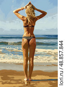 A woman in a bikini stands on the beach, arms raised above her head, looking out at the ocean. The sun shines brightly, and the sand is golden. Стоковое AI-изображение, AI-художник Данила Большаков / Фотобанк Лори