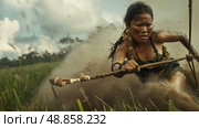 A woman dressed in jungle garb pulls a rope through a field of tall grass, leaving a trail of dust behind her. Стоковое AI-изображение, AI-художник Данила Большаков / Фотобанк Лори
