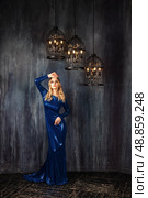 Enigmatic Allure a Young Woman in Sequins With Birdcage Chandeliers. Стоковое фото, фотограф Aleksandr Golubev / Фотобанк Лори
