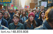 A close-up of a crowd of protesters marching forward, their signs and faces a blur of determination. The background is a crowd street road filled with people mass. Стоковое AI-видео, аниматор Sergey Grishin / Фотобанк Лори