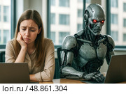 Upset female employee working on laptop while scary robotic colleague with glowing red eyes dominates, representing workplace automation, career insecurity, ai advancement. Стоковое AI-изображение, AI-художник Павел Муравьев / Фотобанк Лори