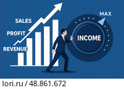 Businessman pushing large income dial for maximum sales profit revenue, successful company growth, positive finance trend, marketing achievement concept. Стоковое AI-изображение, AI-художник Павел Муравьев / Фотобанк Лори