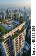 A high-rise apartment building with a rooftop terrace, offering panoramic views of the city skyline and modern living among downtown. Стоковое AI-видео, аниматор Sergey Grishin / Фотобанк Лори