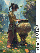 A woman dressed in elaborate golden clothing plays a large, intricately carved instrument in a meadow filled with wildflowers. Стоковое AI-изображение, AI-художник Данила Большаков / Фотобанк Лори