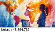 A woman stands confidently in front of a colorful watercolor world map, showcasing global reach and ambition. Стоковое AI-изображение, AI-художник Данила Большаков / Фотобанк Лори