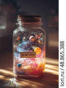 A jar filled with glitter and planets with a label that says "Do not open." Стоковое AI-изображение, AI-художник Ярославский Максим / Фотобанк Лори