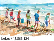 A watercolor painting of six young volunteers cleaning up debris on a sandy beach with blue ocean waves in the background. Стоковое AI-изображение, AI-художник Данила Большаков / Фотобанк Лори