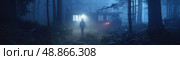A mysterious figure wanders through a dark forest at night, hidden by fog. Their features are obscured, adding to the sense of mystery as a faint light glows from a distant building. Стоковое AI-изображение, AI-художник Данила Большаков / Фотобанк Лори