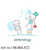 somnology standing on a pile of books and catches the patient&#39;s snoring. Стоковая иллюстрация, агентство Ingram Publishing / Фотобанк Лори
