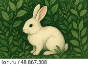 Art illustration: cute little white rabbit in green leaves. Стоковое AI-изображение, AI-художник Анастасия / Фотобанк Лори