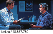 A patient meets with a doctor in a dimly lit office to discuss important health issues during a late evening consultation. Стоковое AI-видео, аниматор Данила Большаков / Фотобанк Лори