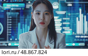 A young professional focuses intensely on data analysis in a sleek workspace, surrounded by vibrant digital displays and analytics tools. Стоковое AI-видео, аниматор Данила Большаков / Фотобанк Лори