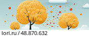 Mesmerizing painting capturing beauty of lush forest with trees gracefully shedding colorful leaves. Стоковое AI-изображение, AI-художник Данила Большаков / Фотобанк Лори