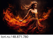 Inferno Elegance: woman gracefully stands in a fiery scene, her dress billowing in the flames behind her. Стоковое AI-изображение, AI-художник Данила Большаков / Фотобанк Лори