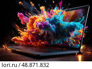 Technicolor Canvas: A Laptop Awash With Vibrant Paint Splatters. Стоковое AI-изображение, AI-художник Данила Большаков / Фотобанк Лори