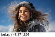 Fearless woman with long hair defies convention as she wears a helmet and jacket while embarking on a thrilling adventure. Стоковое AI-изображение, AI-художник Данила Большаков / Фотобанк Лори