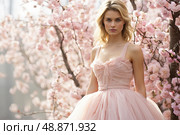 Stunning woman in pink dress stands gracefully in front of magnificent tree, showcasing harmonious blend of natural beauty and human elegance. Стоковое AI-изображение, AI-художник Данила Большаков / Фотобанк Лори