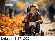 Autumn Adventure: Little Explorer young boy joyfully rides his tricycle down a road covered in vibrant carpet of autumn leaves. Стоковое AI-изображение, AI-художник Данила Большаков / Фотобанк Лори