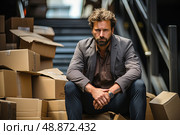 Thoughtful man sits crouched, his introspective gaze holding stories untold, amidst a disarray of cardboard boxes in a dimly lit storeroom. Стоковое AI-изображение, AI-художник Данила Большаков / Фотобанк Лори