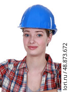 A nervous-looking tradeswoman. Стоковое фото, агентство Ingram Publishing / Фотобанк Лори
